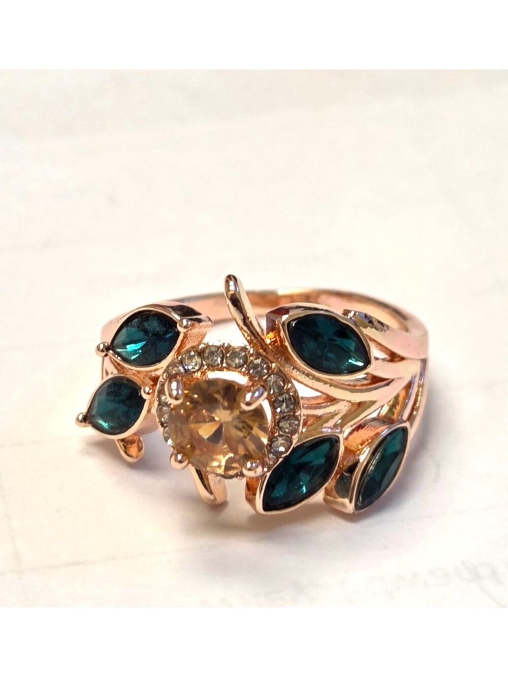 Rose Gold Tone Ring With Green & Champagne Stones Floral Design